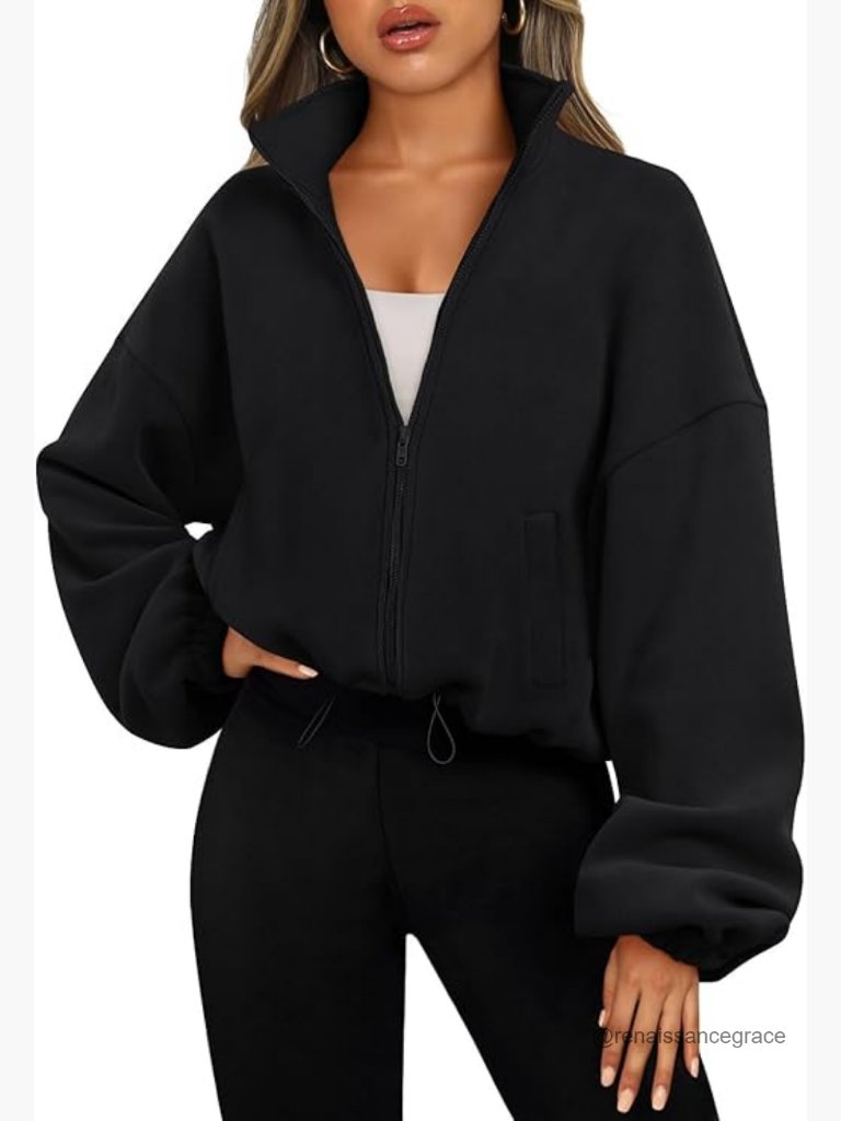 Oversized Cropped Fleece Jacket With Sherpa Lining, Zip Front, Kangaroo Pocket